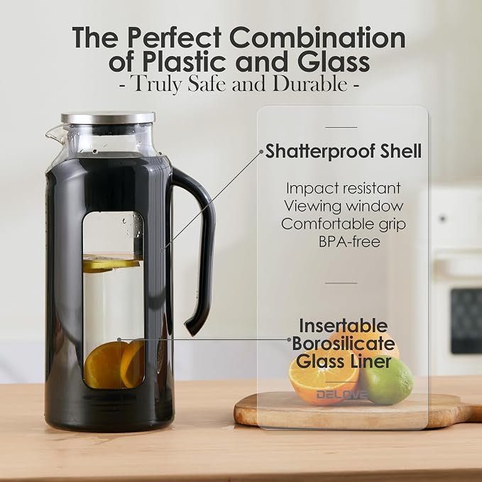 Delove Glass Pitcher with Lid & Shatterproof Shell – Heat-Resistant - Image 2