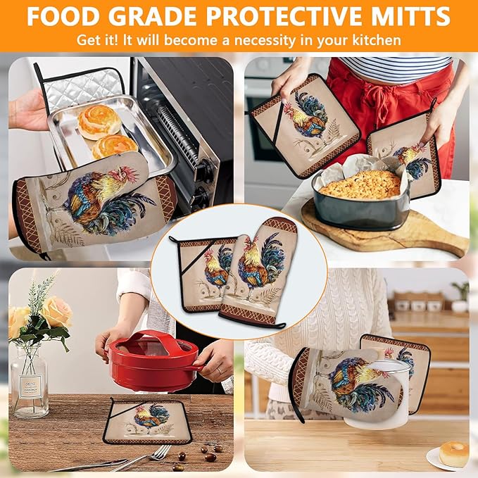 Rooster Oven Mitts and Pot Holders Sets 4Pcs, Extra Long Oven Gloves Potholder - Image 7