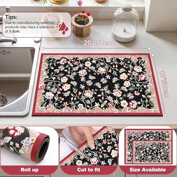 LOKHOM Floral Dish Drying Mat, Cuttable Hide Stain Drying Mat - Image 2