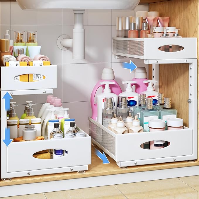 Under Sink Organizer, 2 Pack 2 Tier Pull Out Under Cabinet Organizer Shelf by PXRACK