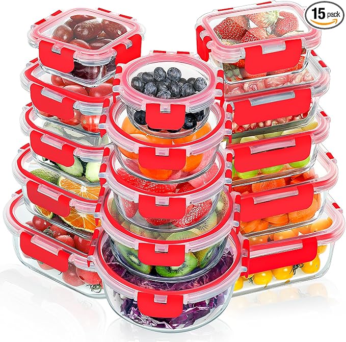 VERONES 30 Pieces Glass Meal Prep Containers Set, Stackable Glass Food Storage by VERONES