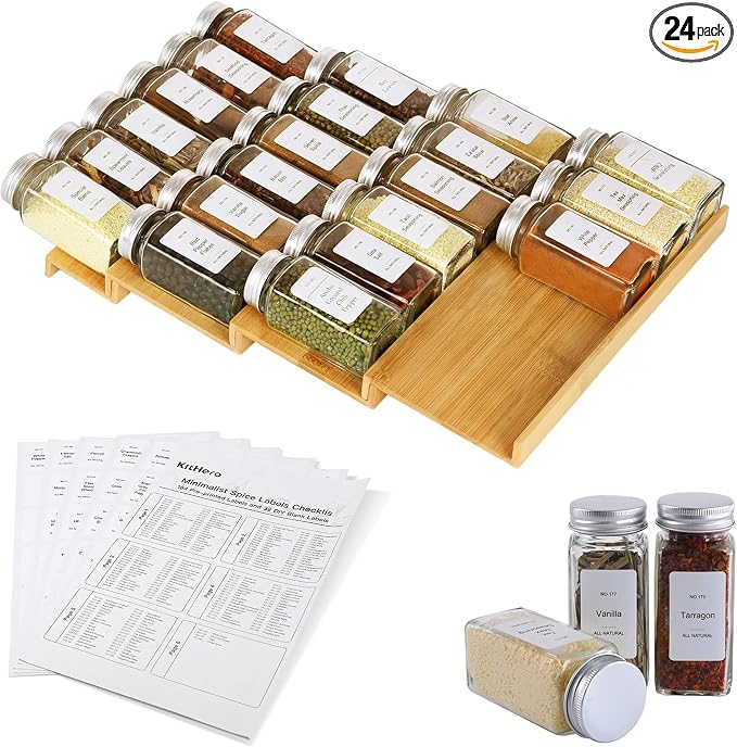 Spice Drawer Organizer with 24 Spice Jars, 216 Labels, 25 Non-slip Rubber by KitHero