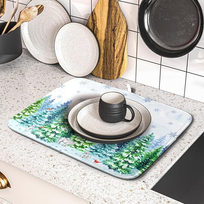 Watercolor Winter Dish Drying Pad Forest Kitchen Mat - Image 5