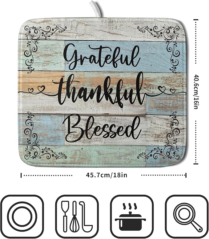 Rustic Wood Dish Drying Mat 16x18 Inch Grateful Thankful Blessed Kitchen - Image 2