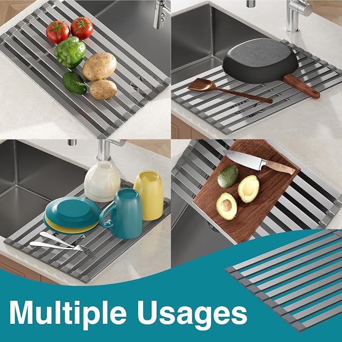 COOL-ANGLE Aluminum Roll Up Dish Drying Rack Over The Sink, 17.7" x 13.4" - Image 4