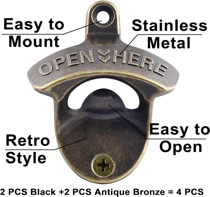 Bottle Opener Wall Mounted, Rustic Mountable Beer Opener Bronze - Image 2