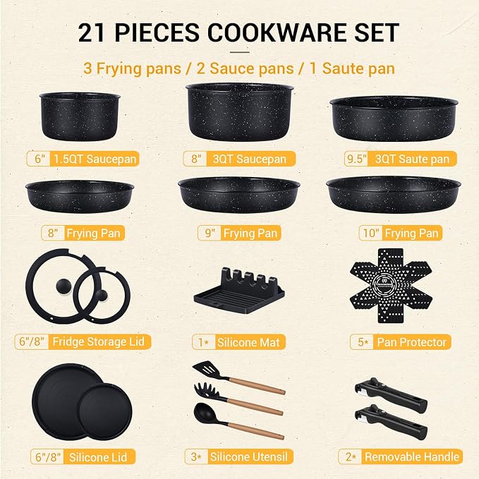 Ammeloo 21 Pcs Pots and Pans Set Non Stick, Ceramic Kitchen Cookware Set - Image 2