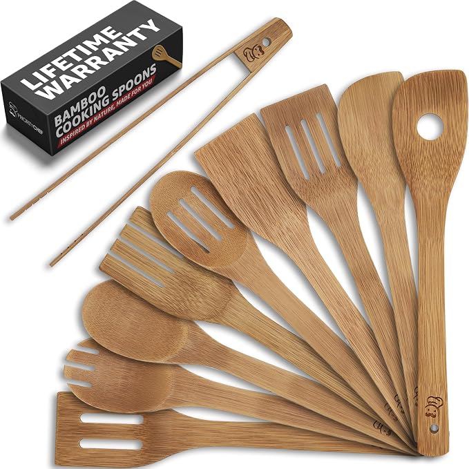 PriorityChef Wooden Spoons for Cooking, Non Scratch Bamboo Cooking Utensils by PriorityChef