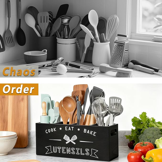Extra Large and Durable Black Wooden Kitchen Utensil Holder - Image 5