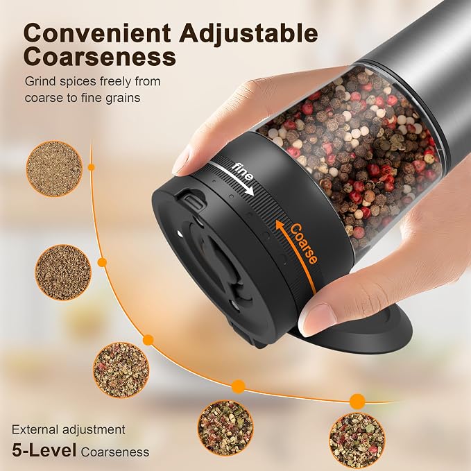Electric Salt and Pepper Grinder Set, 2-Speed Setting, Stainless Steel - Image 4