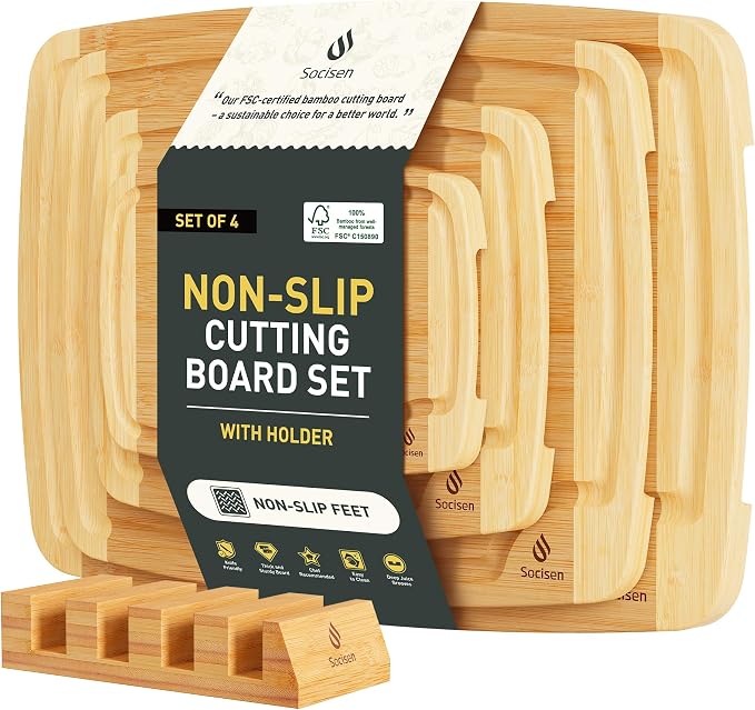 Bamboo Cutting Board Set Non Slip Feet by Socisen