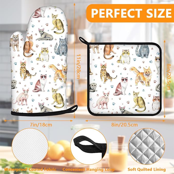 Cute Cats Oven Mitts and Pot Holders Sets 4Pcs, Extra Long Oven Gloves Potholder - Image 2