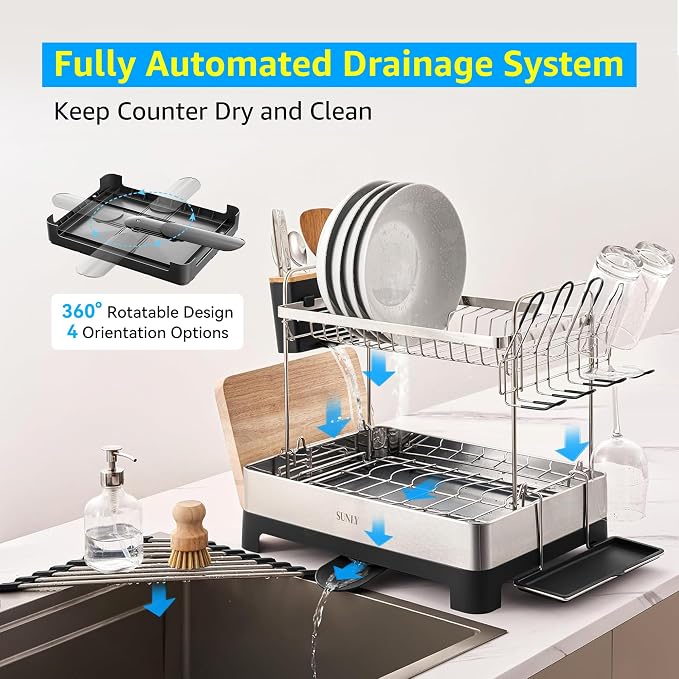 SUNLY 2 Tier Dish Drying Rack, Extra Large Dish Rack, 304 Stainless Steel - Image 4