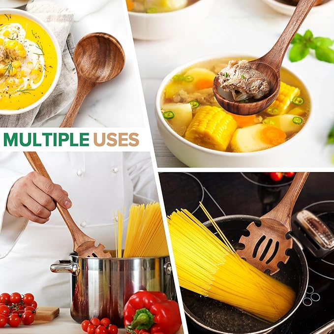 Wooden Spoons for Cooking, Teak Wood Soup Ladle&Slotted Pasta Fork Strainer - Image 6