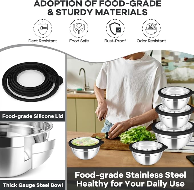 TeamFar Mixing Bowls Set, 4.5/3/1.5/1/0.7 QT Stainless Steel Nesting Salad Bowls - Image 3