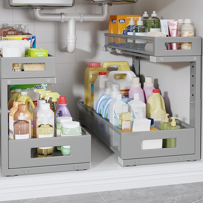2 Pack 19IN Depth Under Sink Storage Organizer, Large 2-Tier Elegant Mesh Pull by UnderSinkOrganizer