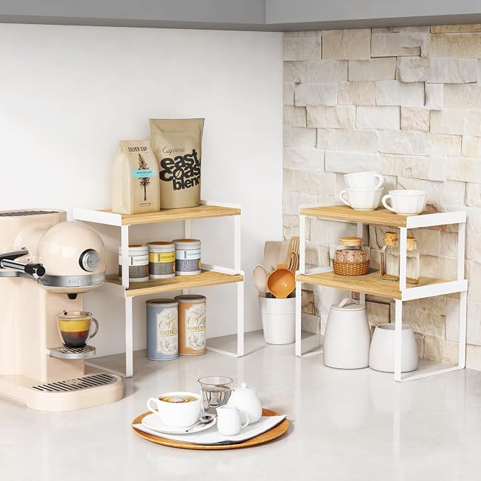 Goozii Kitchen Cabinet Organizer Set of 4, Desk Shelf Riser, Stackable Cabinet - Image 3
