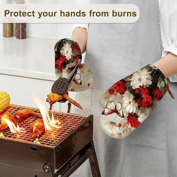 Oven Mitts and Pot Holders White Red Flower Silicone Kitchen Accessories Set of - Image 6
