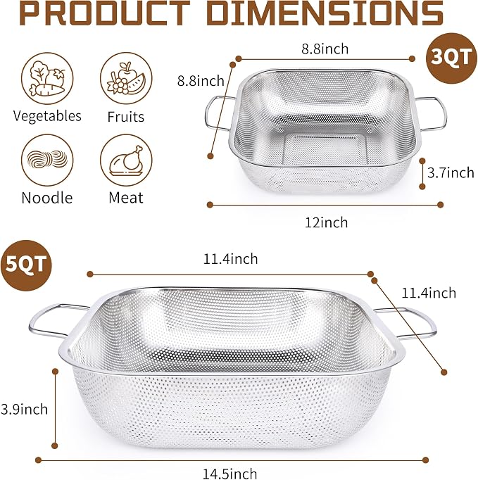 Gulex Colander Stainless Steel 3-Quart, Square Metal Strainers, Strainer - Image 2