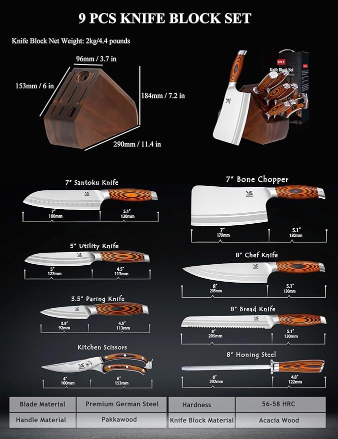 MSY BIGSUNNY 9pcs Knife Block Set, German Steel Kitchen Knife Set - Image 3