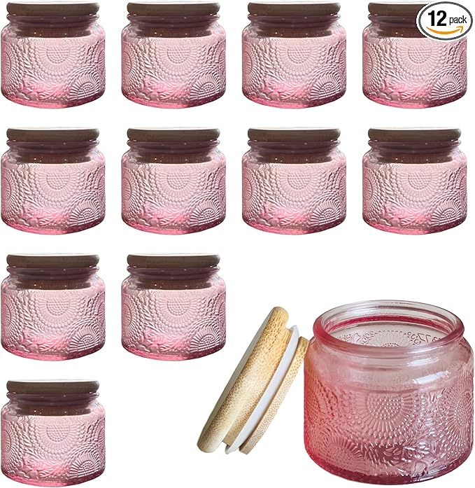 4 oz Pink Mini Glass Jars with Airtight Bamboo Lids 12 pack, Decorative Small by LINGSHINE