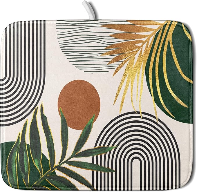 Boho Leaves Dish Drying Mat 16x18 inch Mid Century Absorbent Drainer Rack Mats by Giwawa