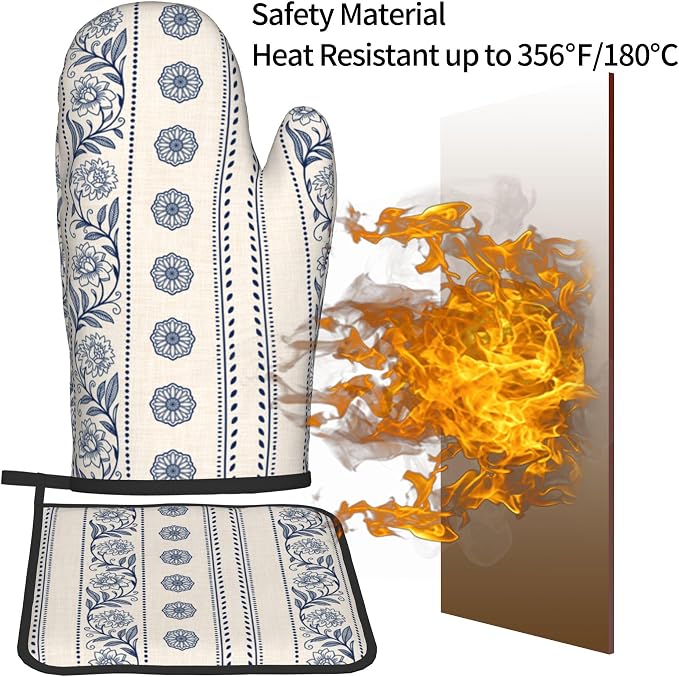 Boho Oven Mitts Set – Vintage Floral Pot Holders Kitchen Gloves - Image 5