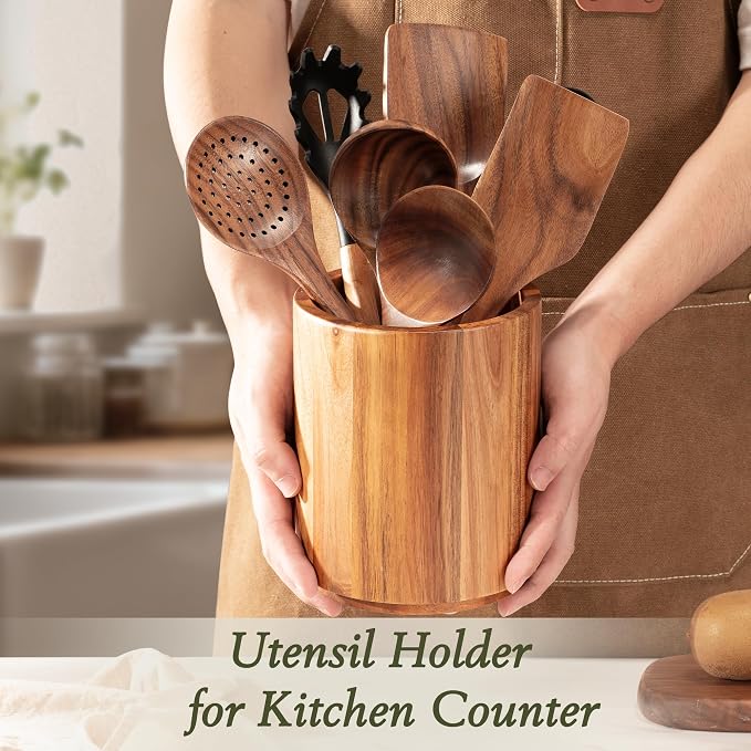 Criusia Utensil Holder 2 Pack, 360° Rotating Acacia Wood Cooking Utensil Crocks - Image 8