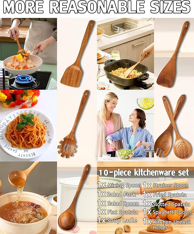 Wooden Spoons for Cooking, Wooden Cooking Utensil Set, 10-Piece Wooden Kitchen - Image 4