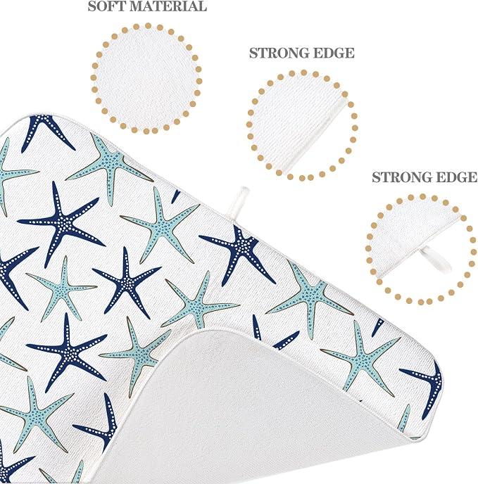 Coastal Dish Drying Mat 18x24 Inch Summer Navy Blue Teal Turquoise Starfish - Image 3