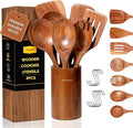 Wooden Spoons for Cooking, Comfort Grip Cooking Spoons and Utensils Holder by Mooues