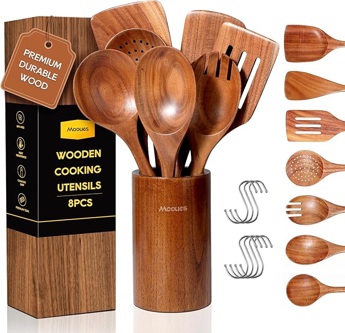 Wooden Spoons for Cooking, Comfort Grip Cooking Spoons and Utensils Holder by Mooues