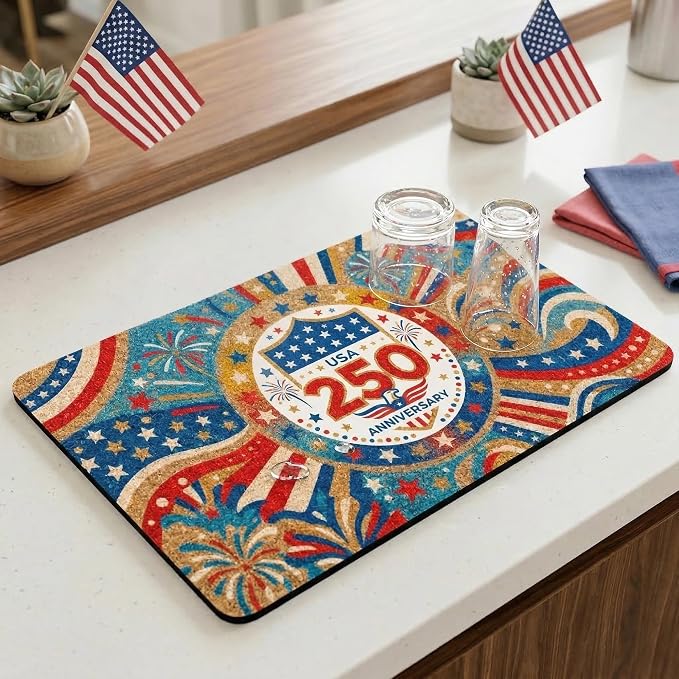 250th Anniversary USA Patriotic Dish Drying Mat 12x20 Absorbent Non-Slip by EazziSwitch