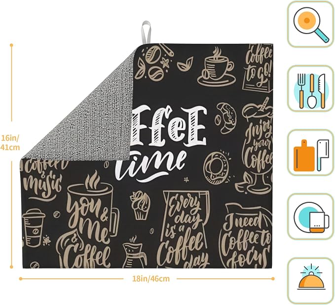 Coffee Time Dish Drying Mat 16x18 Inch, Microfiber Absorbent Fast Dry Mat Large - Image 2