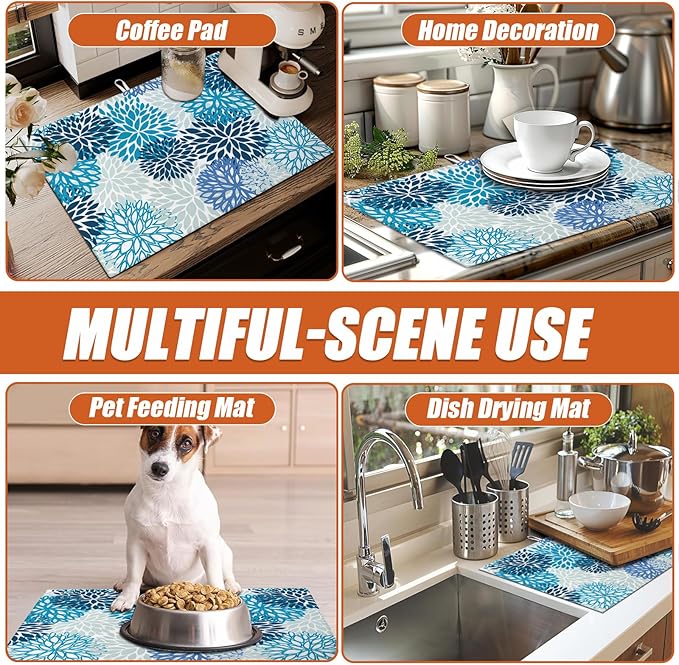 Blue Floral Dish Drying Mat for Kitchen Counter Microfiber Absorbent Dish - Image 7