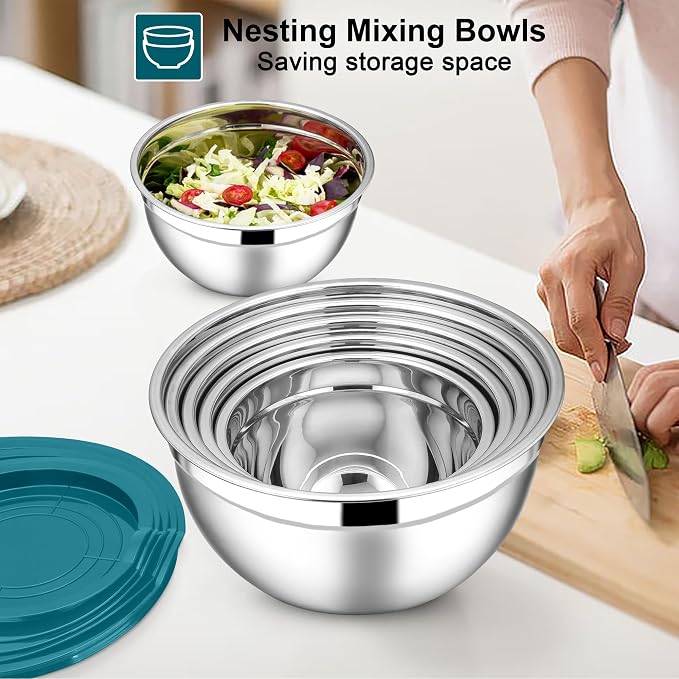 E-far Mixing Bowls with Lids Set, 7-Piece Stainless Steel Mixing Bowls with 3 - Image 4