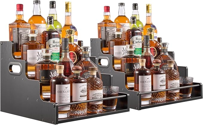 YQBRAO 2 Pack 4-Tier Liquor Bottle Display Shelf, 16-Inch Wooden Bar Shelves by Unknown