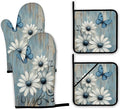 Blue Butterfly Oven Mitts and Pot Holders, Vintage Daisy Wooden Heat Resistant by Unknown