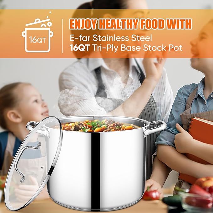 E-far 16 Quart Stainless Steel Stock Pot, Large Heavy Duty Induction Stockpot - Image 7