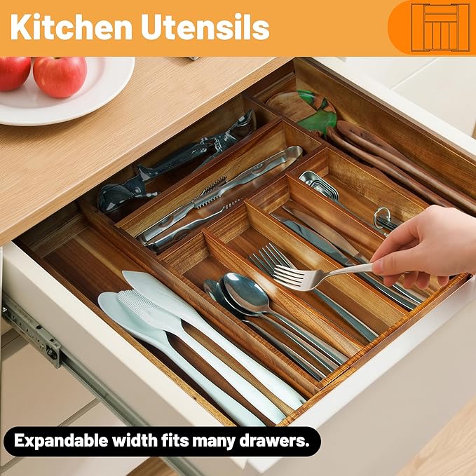 KITEISCAT Acacia Wood Expandable Silverware Organizer, Kitchen Utensil Drawer - Image 5