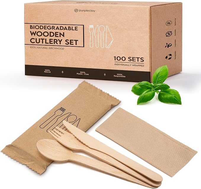 PURPLECLAY Wooden Disposable Utensils Set, 300 Pieces | Wrapped Utensils and by Purpleclay