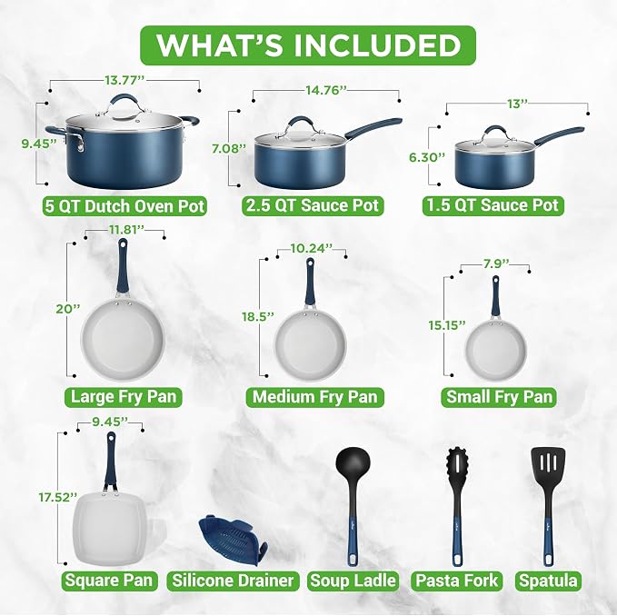 NutriChef 14-Piece Navy Blue Nonstick Cookware Set - Image 3