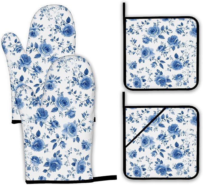 Vintage Blue Rose Oven Mitts and Pot Holders, Heat Resistant Oven Mitts Gloves by Unknown