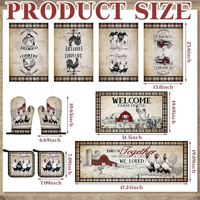 Fourluoo 10 Pcs Barn Chicken Kitchen Dish Towels Rugs Oven Mitts and Pot - Image 3