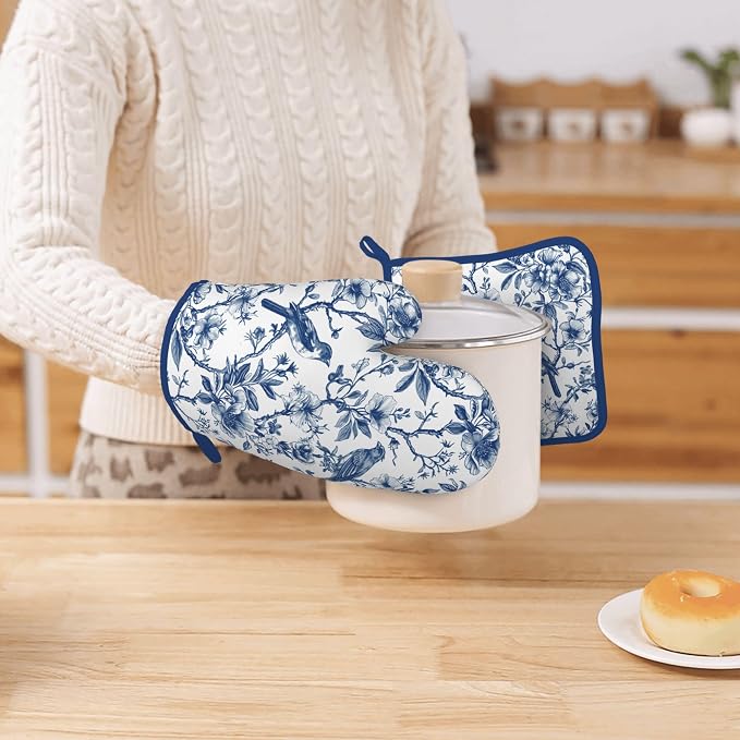 Blue Silicone Oven Mitts Pan Mats Set of 2, Heat Resistant Gloves Potholder - Image 7