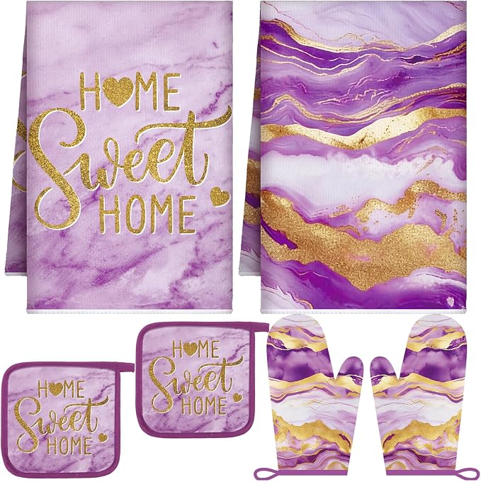 Bencailor Purple 6 Pcs Marble Kitchen Decor Gold Pot Holders Oven Mitts 2 Dish by Bencailor