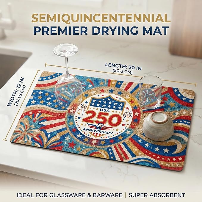 250th Anniversary USA Patriotic Dish Drying Mat 12x20 Absorbent Non-Slip - Image 2