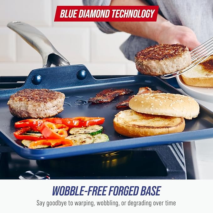 Blue Diamond 11" Nonstick Square Griddle Pan, Non Toxic PFAS-Free Diamond - Image 7