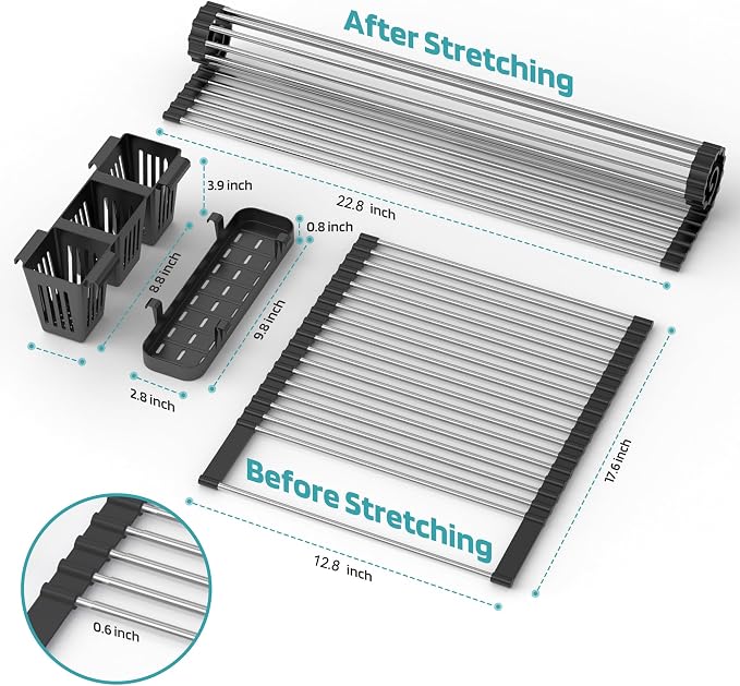 Extra Large Black Expandable Roll Up Dish Drying Rack Up to 25.1''with 2 - Image 3