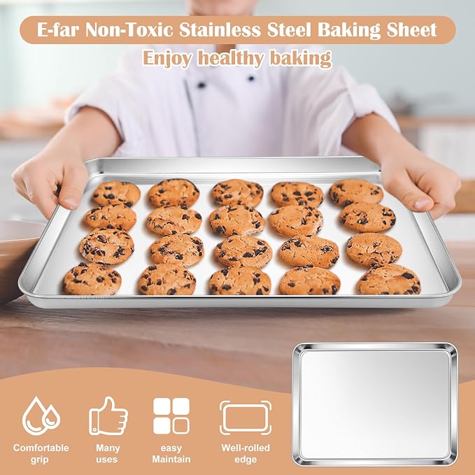 E-far Baking Sheets Set of 2, 16” x12” Stainless Steel Cookie Sheets Pans - Image 3